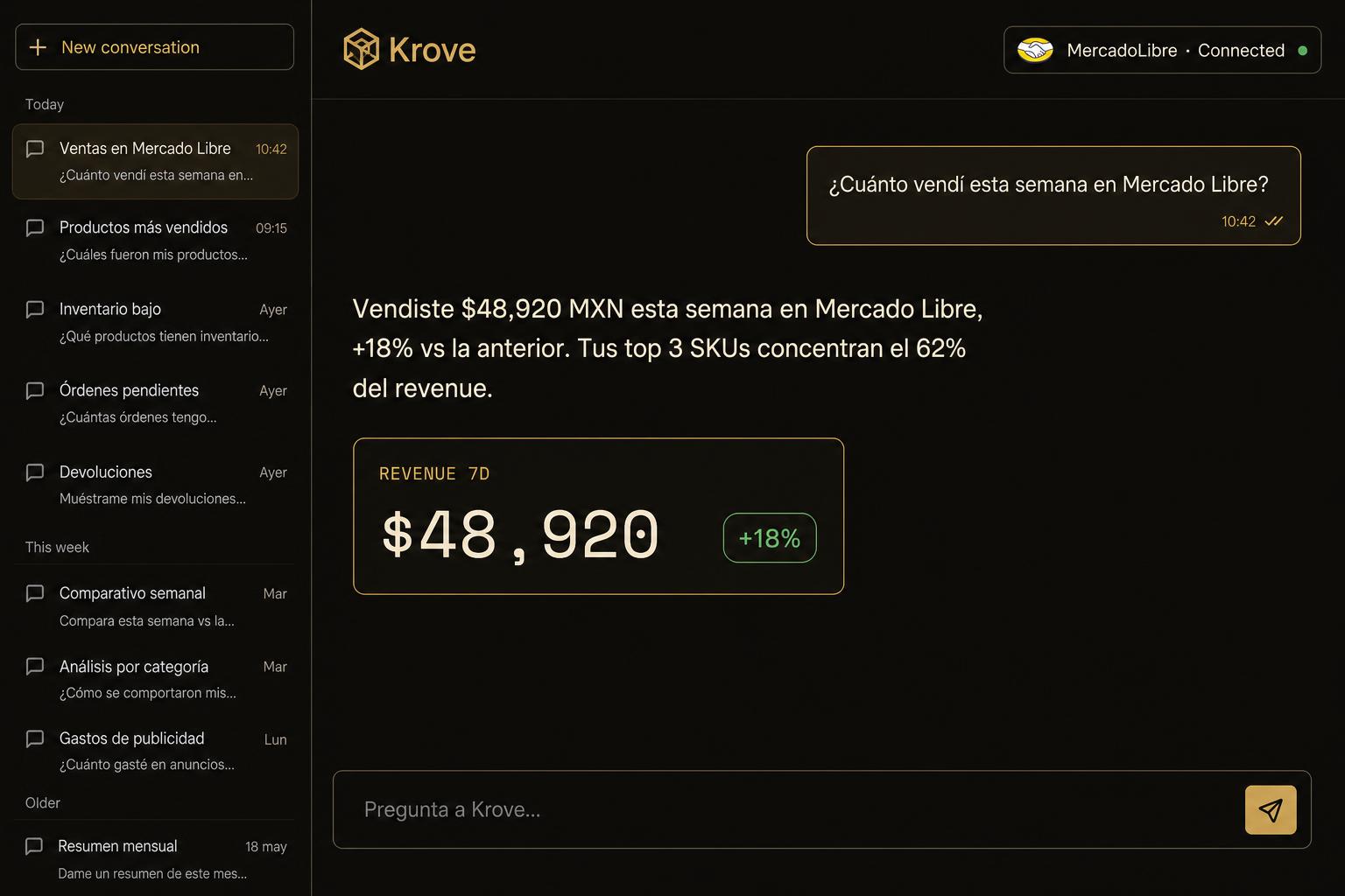 Ask anything about your store. Krove answers with live data from your connected marketplace.